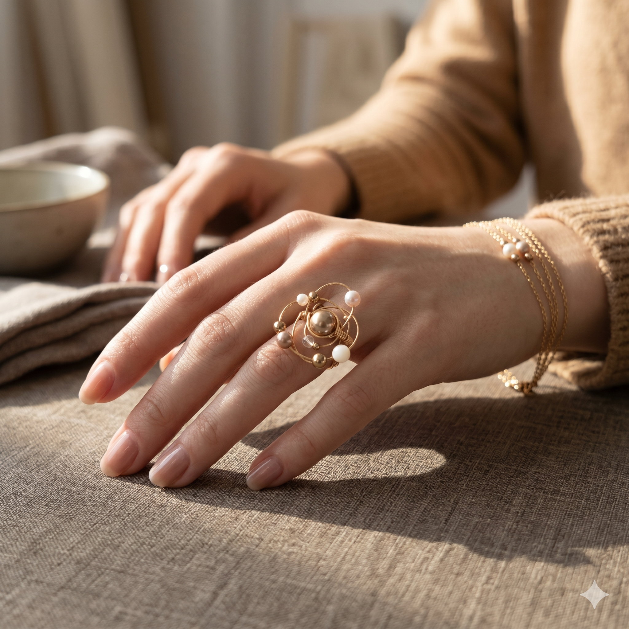 Champagne Gold Pearl & Crystal Orbital Ring